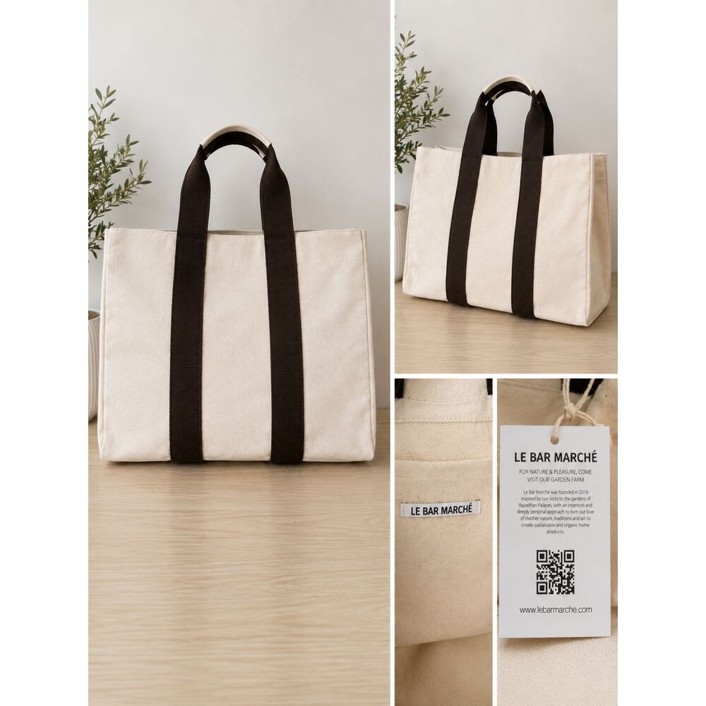 Le Bar Marché Canvas Tote Bag Natural & Brown Heavy Duty Market Beach Tote